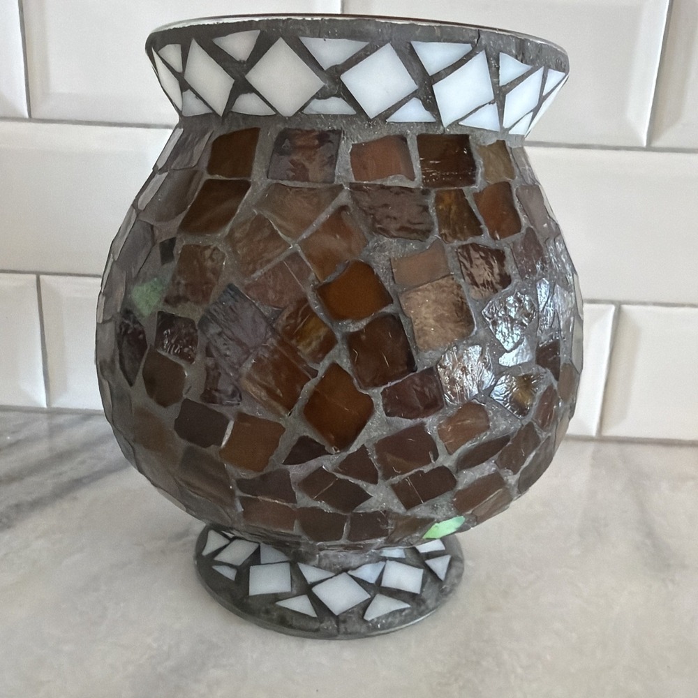 Vintage Mosaic Home Interiors Hurricane Glass Candle Holder Vase 7.5" High GW995
